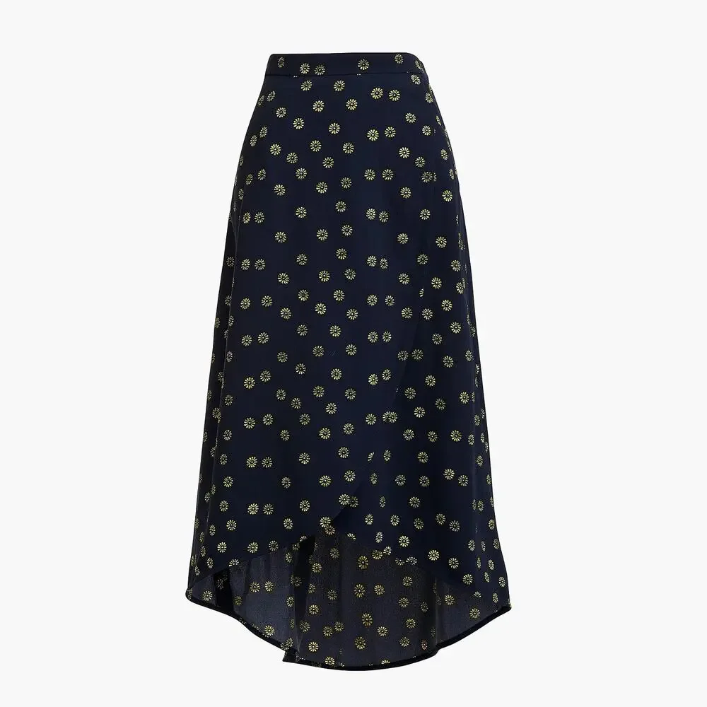J. Crew Faux-Wrap Pull-On Midi Skirt New Twinkle Navy Lemon Womens Size XS NWT
